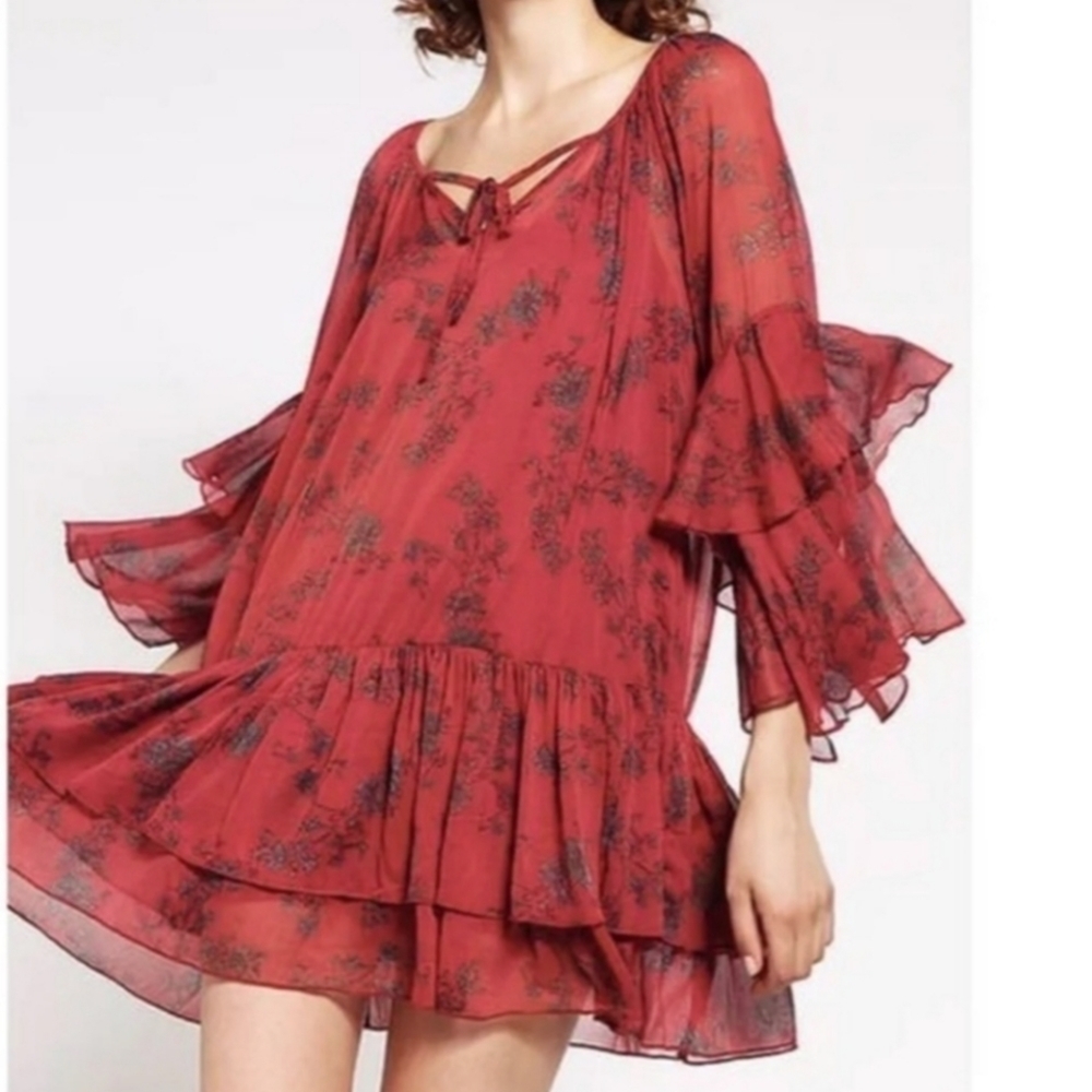 Free People Sunsetter Floral Ruffle Mini‎ Dress Red Size S